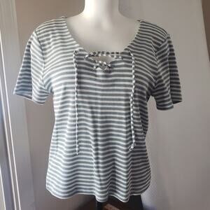 AEROPOSTALE XL Y2K Womens Ribbed‎ Knit SS Babydoll Top Striped Tie Front Seafoam